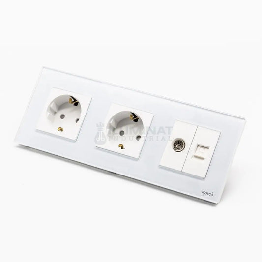 Priză Schuko Dublă + Tv Lan Cu Ramă Din Sticlă