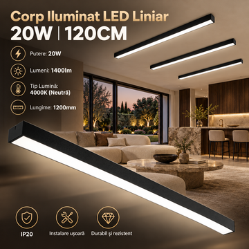 Corp Iluminat LED Liniar 20W 120cm Aplicat Negru Echivalent 150W