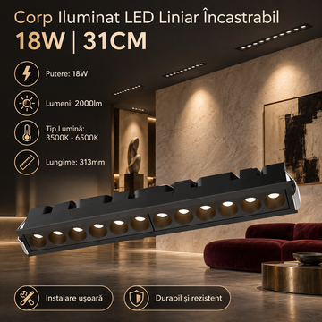Corp Liniar LED Linex Incastrabil 18W CCT Negru