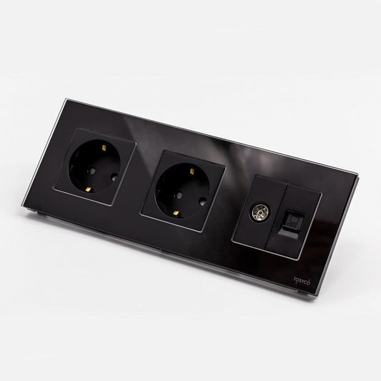 Priză Schuko dublă + TV + LAN cu ramă din sticlă