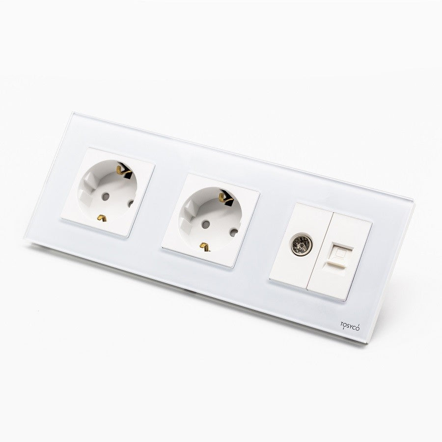 Priză Schuko Dublă + Tv Lan Cu Ramă Din Sticlă