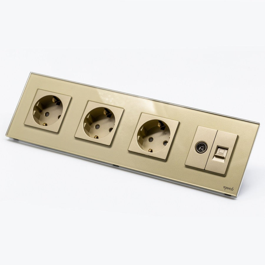 Priză Schuko Triplă + Tv Lan Cu Ramă Din Sticlă