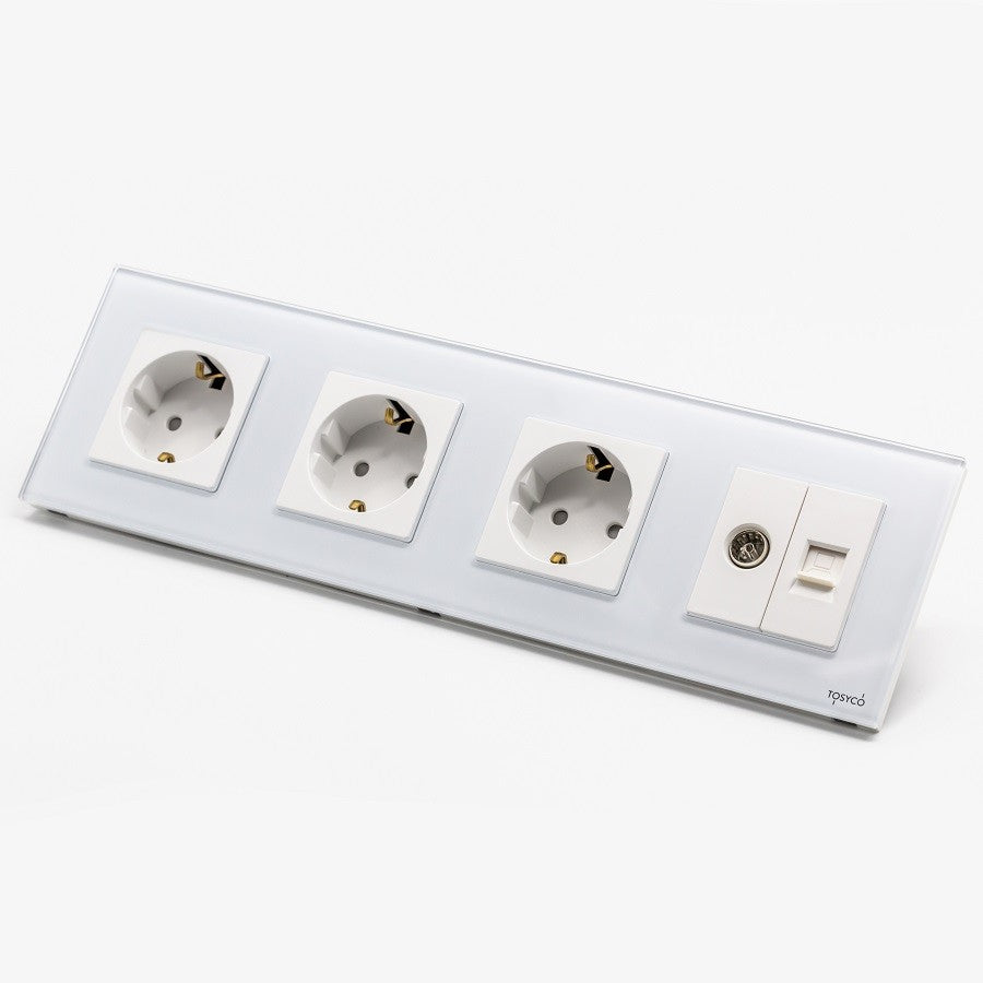 Priză Schuko Triplă + Tv Lan Cu Ramă Din Sticlă