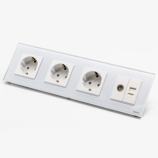 Priză Schuko triplă + TV + LAN cu ramă din sticlă