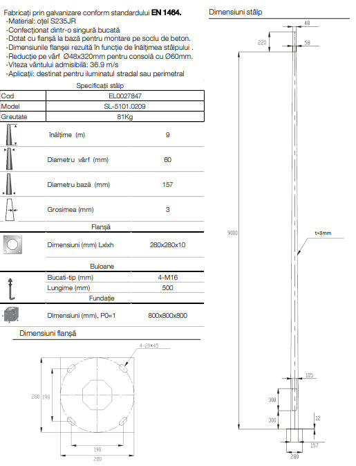 Stalp Iluminat Stradal Galvanizat Flansa 9 Metri