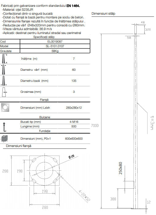 Stalp Iluminat Stradal Galvanizat Flansa 7 Metri