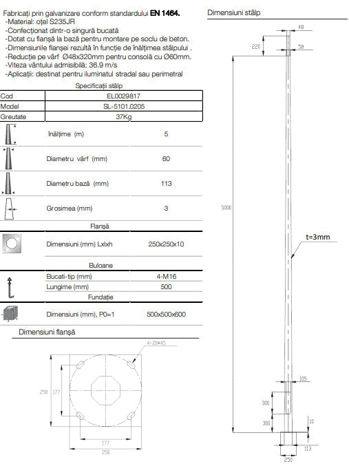 Stalp Iluminat Stradal Galvanizat Flansa 5 Metri