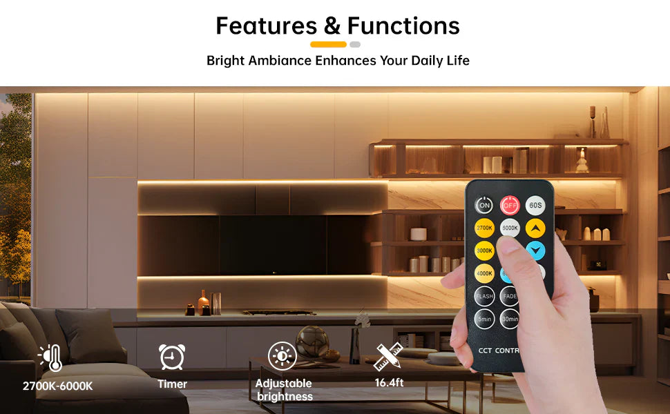 KIT Banda LED 24V CCT 5 metri cu 3 Tipuri de Lumina si Telecomanda 3 FUNCTII / IP21-INTERIOR / 5 METRI LED Strips