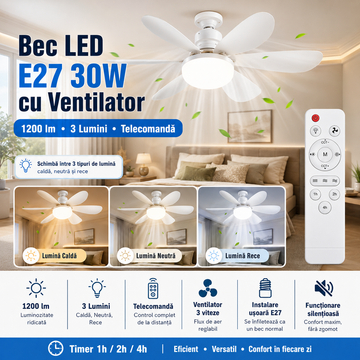Bec LED E27 30W cu Ventilator, 1200lm, 3 Lumini si telecomanda