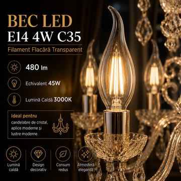 Bec LED E14 4W C35, 480lm, Filament Flacara Transparent