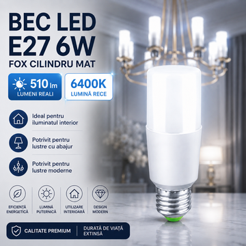 Bec LED E27 6W, 510lm, 6400K, FOX Cilindru Mat