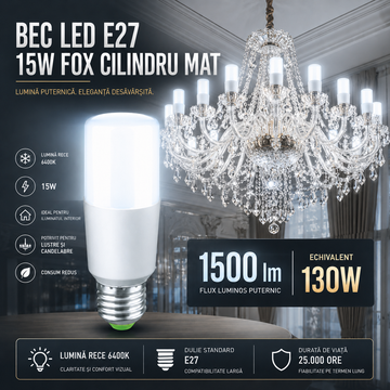 Bec LED E27 15W, 1500lm, 6400K, FOX Cilindru Mat