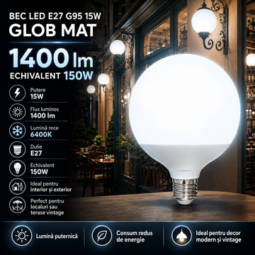Bec LED E27 G95 15W, 1400lm, 6400K, Glob Mat Echivalent 150W