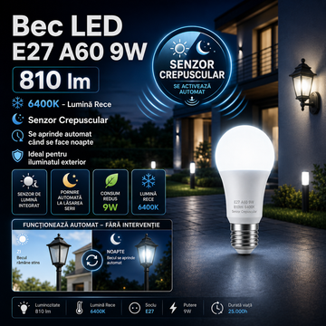 Bec LED E27 A60 9W, 810lm, 6400K, Senzor Crepuscular