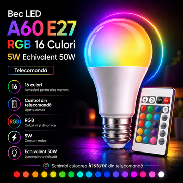 Bec LED E27 A60 RGB 5W Echivalent 50W Dimabil Telecomanda