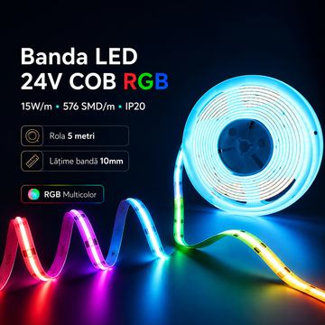 Banda LED 24V COB RGB 15W/m - 576 SMD/m - IP20 - Rola 5 metri