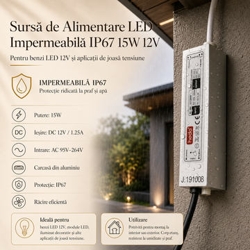 Sursa de Alimentare LED Impermeabila IP67 15W 12V