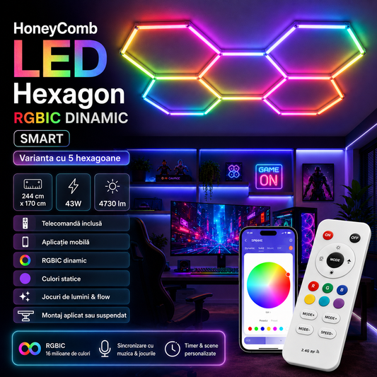 HoneyComb LED Hexagon RGB Digital SMART Telecomanda 244cm X 170cm