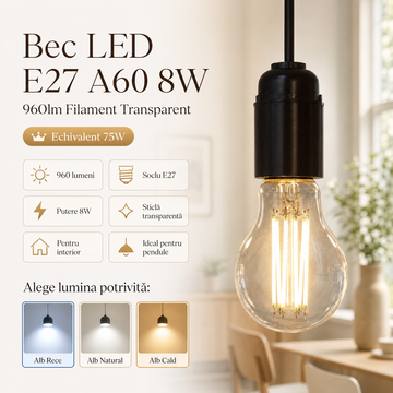 Bec LED E27 A60 8W, 960lm Filament Transparent