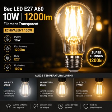 Bec LED E27 A60 10W, 1200lm Filament Transparent