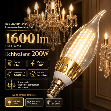 Bec LED E14 24W Lumanare transparent Echivalent 200W