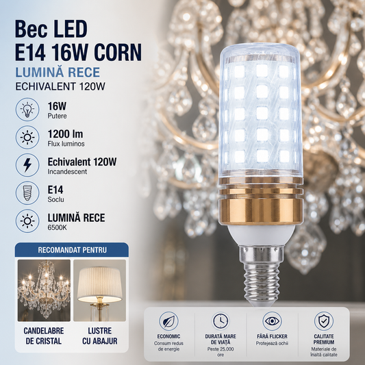 Bec LED E14 16W Corn / Lumina rece / Echivalent 120W