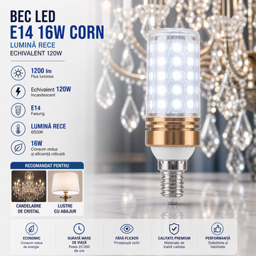 Bec LED E14 16W Corn / Lumina rece / Echivalent 120W