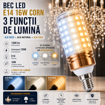 Bec LED E14 16W Corn / 3 functii lumina / Echivalent 120W