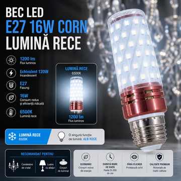Bec LED E27 16W Corn / Lumina rece / Echivalent 120W