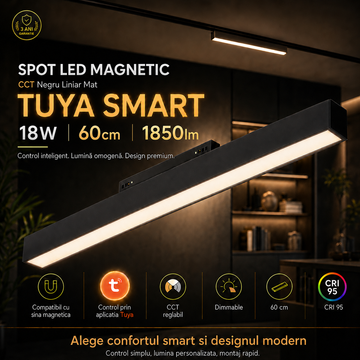 Spot LED Magnetic CCT Negru Liniar Mat TUYA SMART 18W 60cm 1850lm