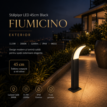 Stalpisor LED 45cm Black FIUMICINO Exterior 11.5W, 3000K, 1200lm, IP44, 98151