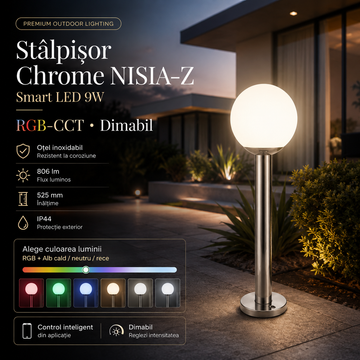 Stalpisor Chrome NISIA-Z Smart LED 9W, RGB-CCT, Dimabil, 525mm, IP44 900266