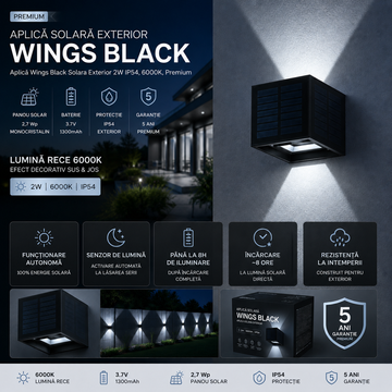 Aplica Wings Black Solara Exterior 2W IP54, 6000K, Premium