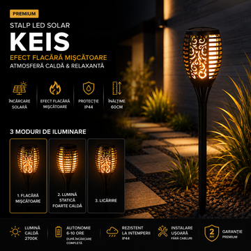 Stalp LED Gradina KEIS Efect Flacara, 60cm, 3 Moduri de iluminare cu Incarcare Solara