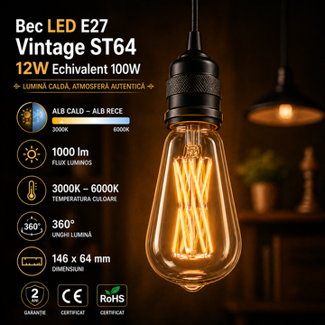 Bec LED E27 Vintage ST64 12W Fumuriu