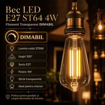 Bec LED E27 ST64 4W Filament Transparent DIMABIL