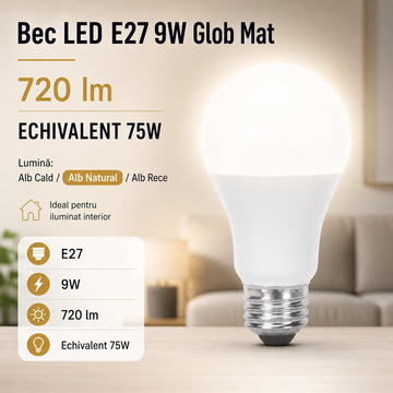Bec LED E27 9W A60 720lm Echivalent 75W Glob Mat