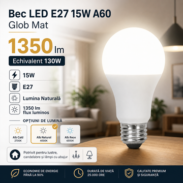 Bec LED E27 15W A60 1350lm Echivalent 130W Glob Mat