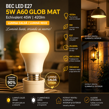 Bec LED E27 5W A60 420lm Echivalent 45W Glob Mat