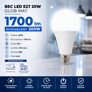 Bec LED E27 20W A80 1700lm Echivalent 200W Glob Mat