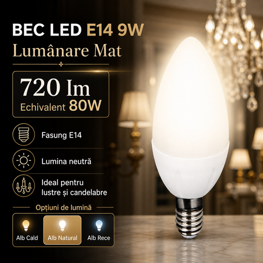Bec LED E14 9W Lumanare Mat 720lm Echivalent 80W