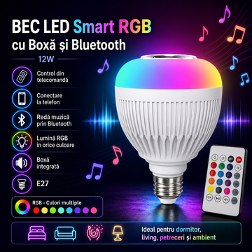 BEC LED Smart RGB cu Boxa si Bluetooth Telecomanda