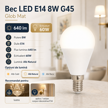 Bec LED E14 8W G45 640lm Echivalent 60W Glob Mat