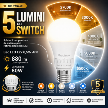 Bec LED E27 8,5W A60 5 Lumini cu Switch 880lm 5 Ani Garantie
