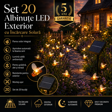 Set 20 Albinute LED Exterior cu Incarcare Solara, 5 Ani Garantie