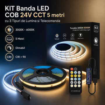KIT Banda LED COB 24V CCT 5 metri cu 3 Tipuri de Lumina si Telecomanda