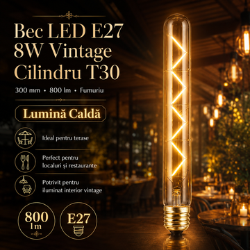Bec LED E27 8W Vintage Cilindru T30, 300mm, 800lm Fumuriu