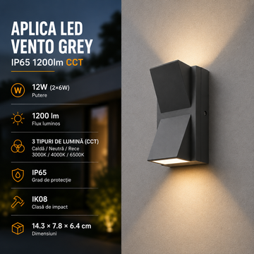 Aplica LED VENTO Grey IP65 1200lm CCT
