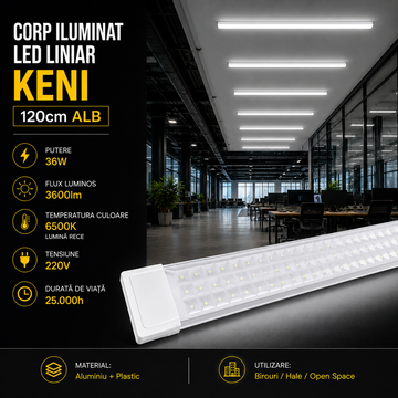 Corp Iluminat LED Liniar Alb KENI 120cm Echivalent 400W