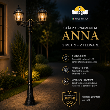 Stalp Ornamental 2 Metri Echipat Cu 2 Felinare Anna Fumagalli Black Italia, Garantie Lifetime